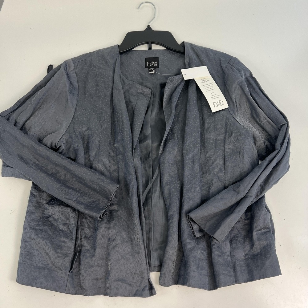 Eileen Fisher Jacket Womens Medium Gray Steel Satin Jacquard Open Front Dressy